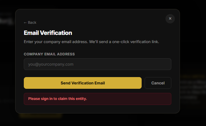 GoalGraph claim entity modal showing Email Verification step — company email field and Send Verification Email button